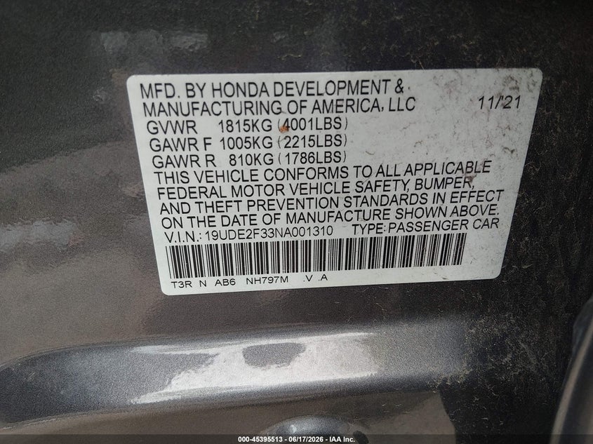 2022 Acura Ilx Standard VIN: 19UDE2F33NA001310 Lot: 45395513