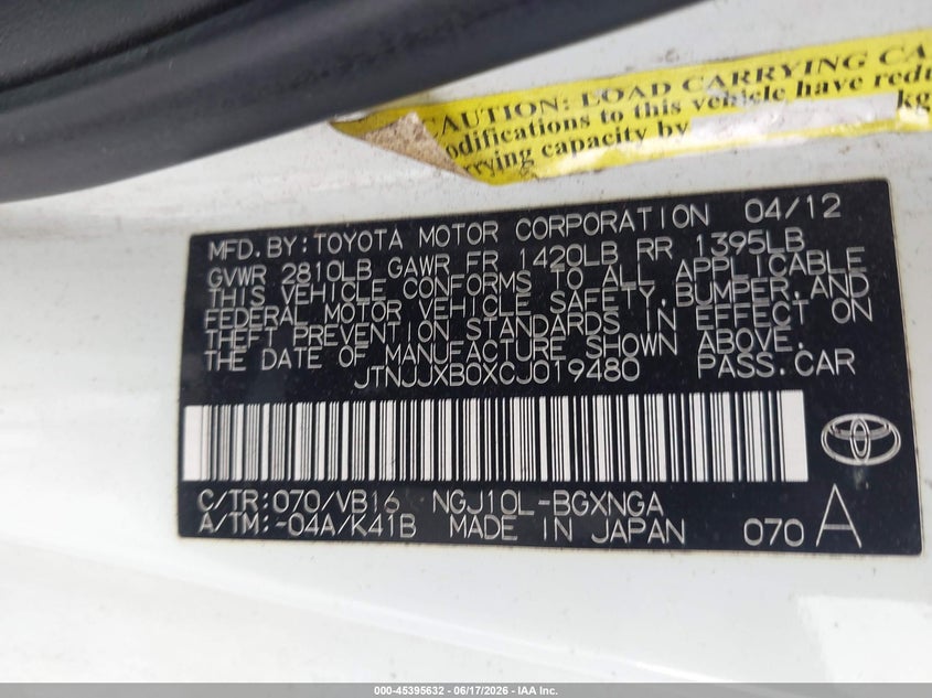 2012 Scion Iq VIN: JTNJJXB0XCJ019480 Lot: 45395632