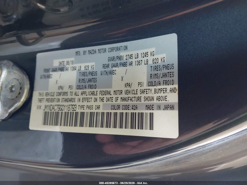 2016 Mazda Mx-5 Miata Club VIN: JM1NDAC79G0118793 Lot: 45395673