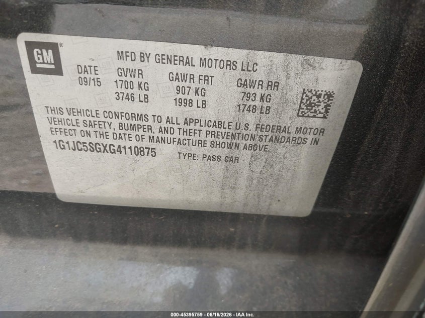 2016 CHEVROLET SONIC auction photo 8