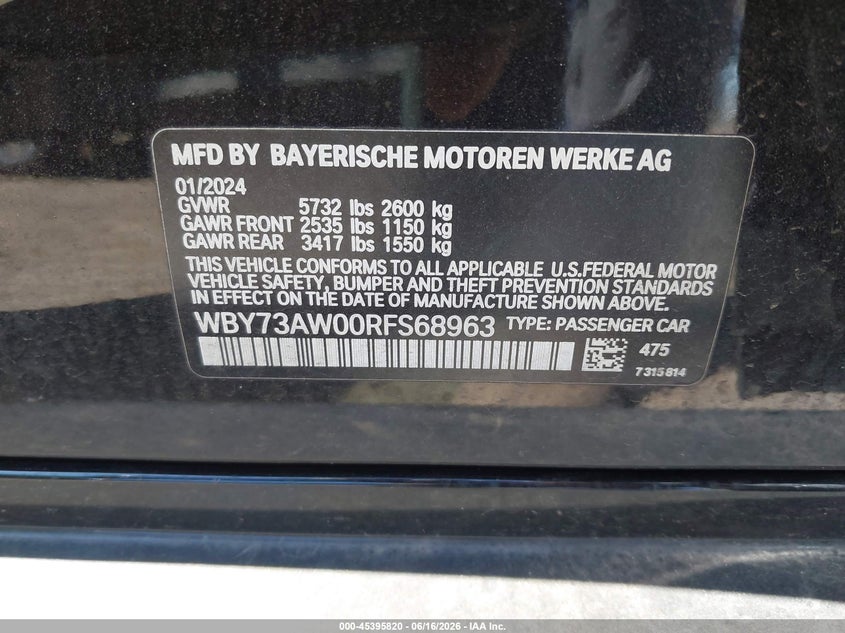 2024 BMW I4 Gran Coupe Edrive40 VIN: WBY73AW00RFS68963 Lot: 45395820