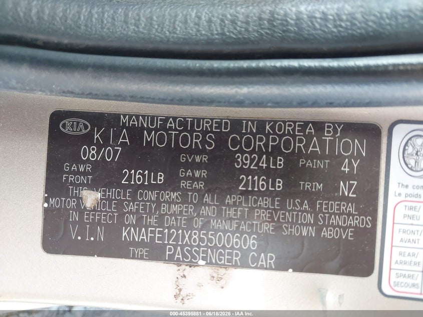 2008 Kia Spectra Ex VIN: KNAFE121X85500606 Lot: 45395881