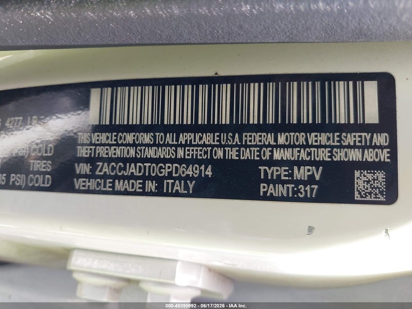 2016 Jeep Renegade Limited VIN: ZACCJADT0GPD64914 Lot: 45395992