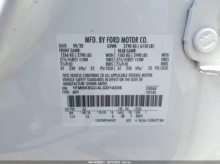 VIN 1FM5K8GC4LGD14336 2020 FORD EXPLORER ST