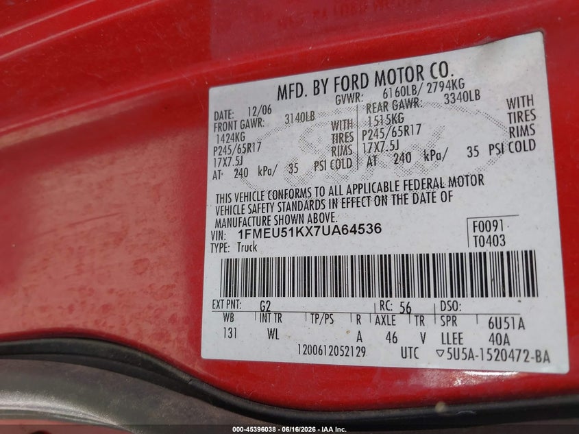 2007 Ford Explorer Sport Trac Xlt VIN: 1FMEU51KX7UA64536 Lot: 45396038