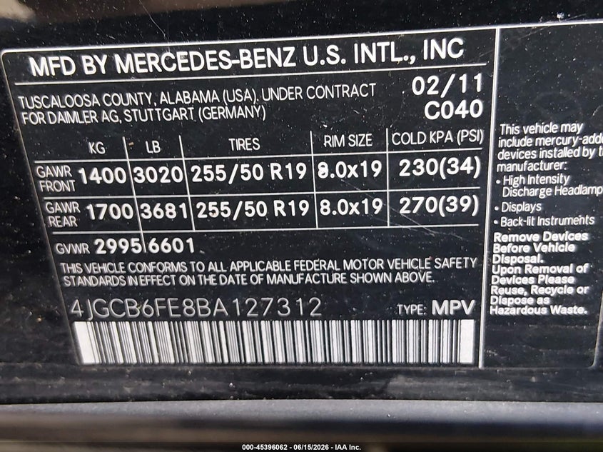 2011 Mercedes-Benz R 350 4Matic VIN: 4JGCB6FE8BA127312 Lot: 45396062