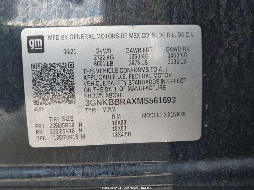 CHEVROLET BLAZER 2021 VIN 3GNKBBRAXMS561693