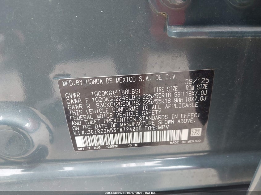 VIN 3CZRZ2H53TM724205 2026 HONDA HR-V AWD SPORT