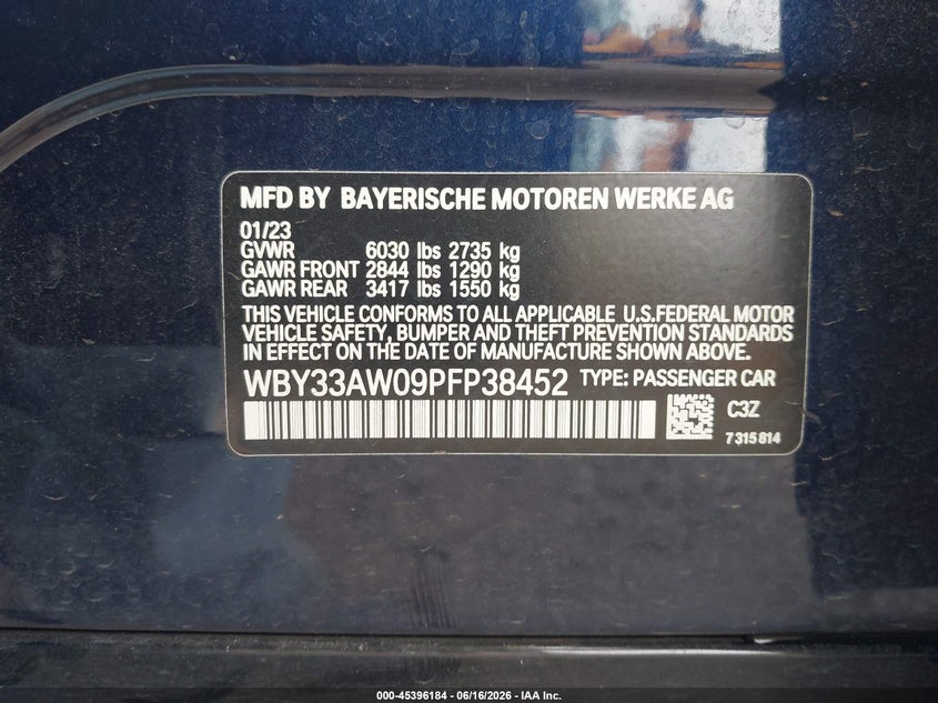 2023 BMW I4 M50 VIN: WBY33AW09PFP38452 Lot: 45396184