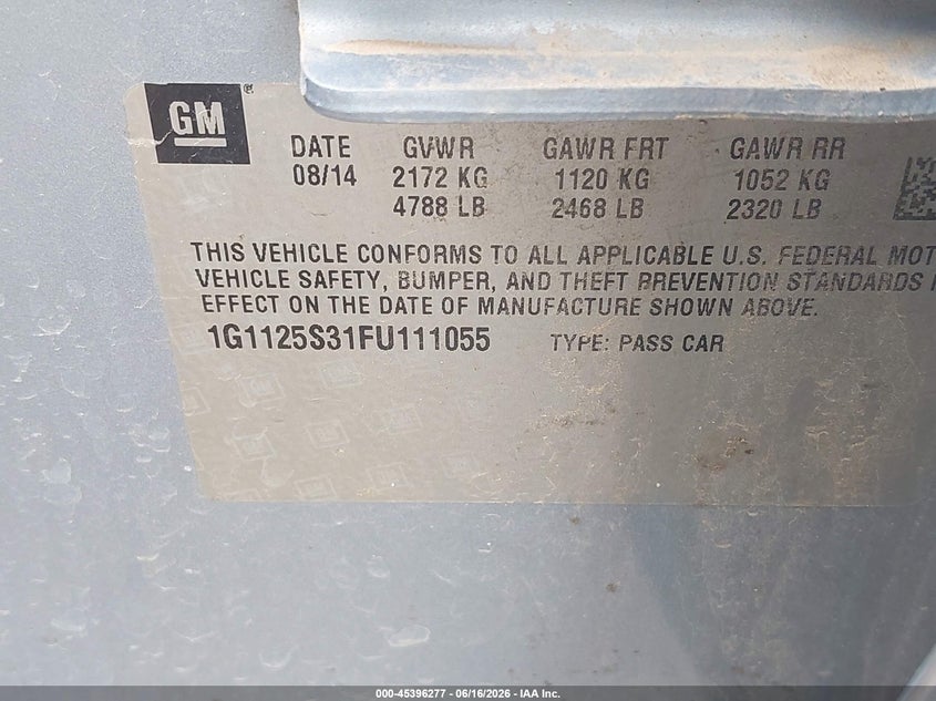2015 Chevrolet Impala 2Lt VIN: 1G1125S31FU111055 Lot: 45396277