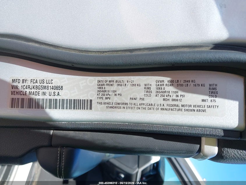 JEEP GRAND CHEROKEE L 2021 VIN 1C4RJKBG5M8140658