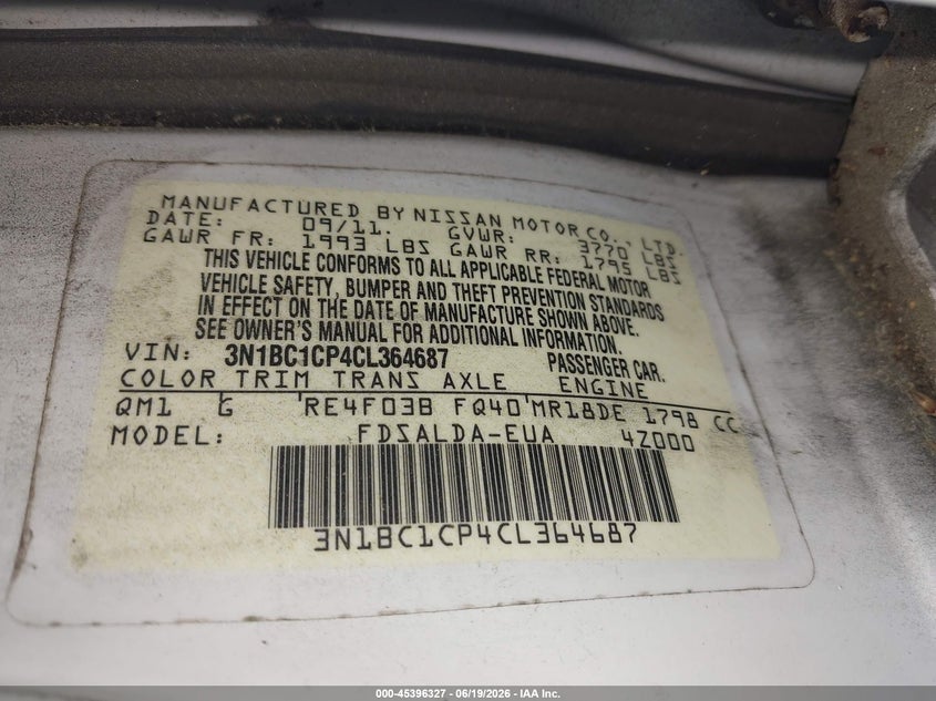 NISSAN VERSA 2012 VIN 3N1BC1CP4CL364687