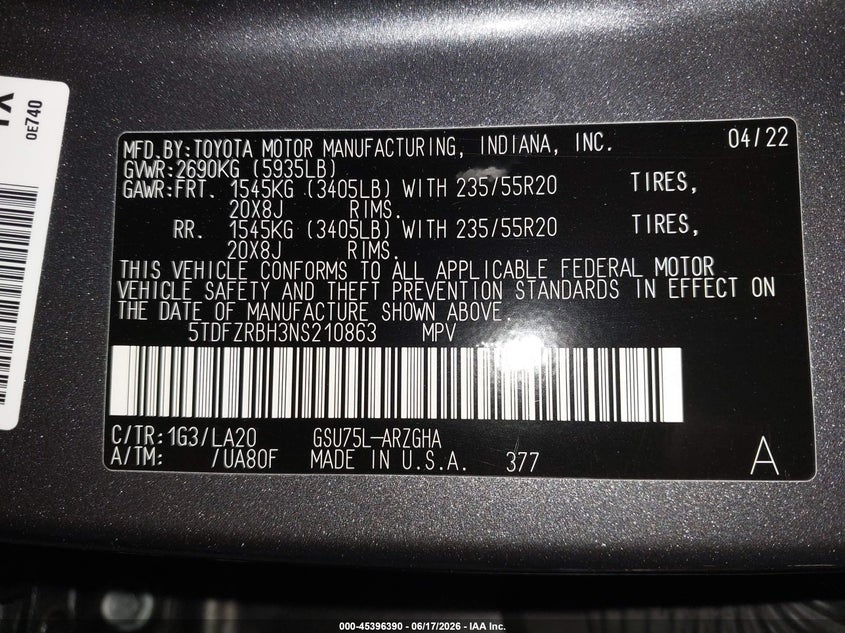 VIN 5TDFZRBH3NS210863 2022 TOYOTA HIGHLANDER PLATINUM