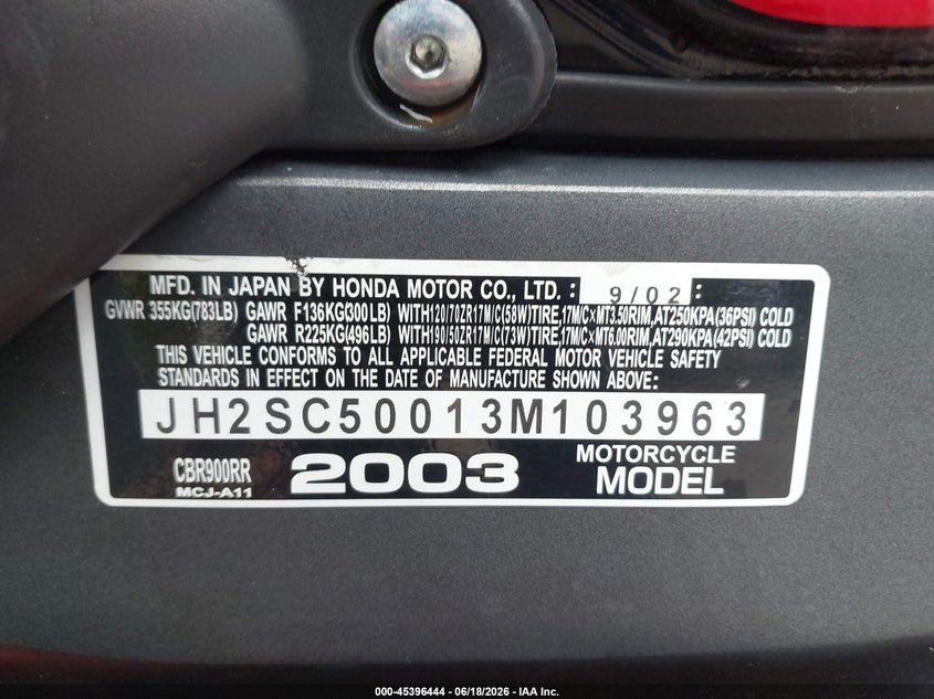 2003 Honda Cbr900 Rr VIN: JH2SC50013M103963 Lot: 45396444