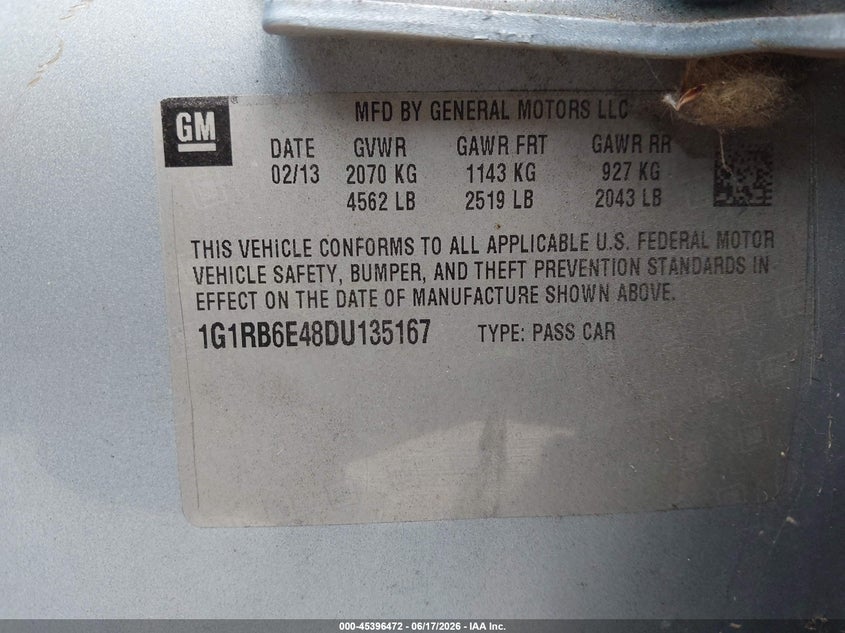 2013 Chevrolet Volt VIN: 1G1RB6E48DU135167 Lot: 45396472