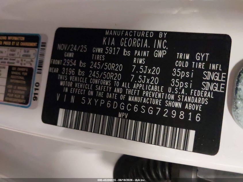2025 Kia Telluride S VIN: 5XYP6DGC6SG729816 Lot: 45396515