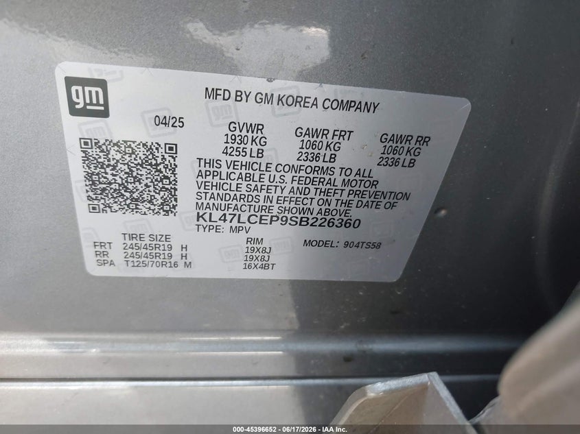 2025 Buick Envista Avenir Fwd VIN: KL47LCEP9SB226360 Lot: 45396652