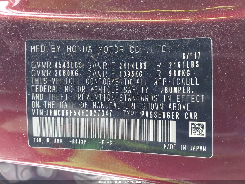 VIN JHMCR6F54HC027347 2017 HONDA ACCORD HYBRID EX-L