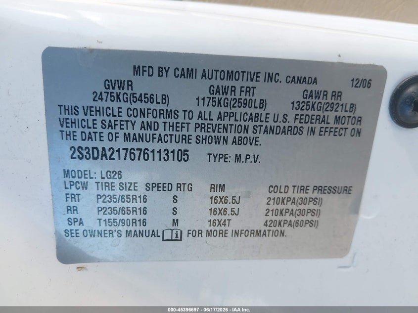 2007 Suzuki Xl7 VIN: 2S3DA217676113105 Lot: 45396697