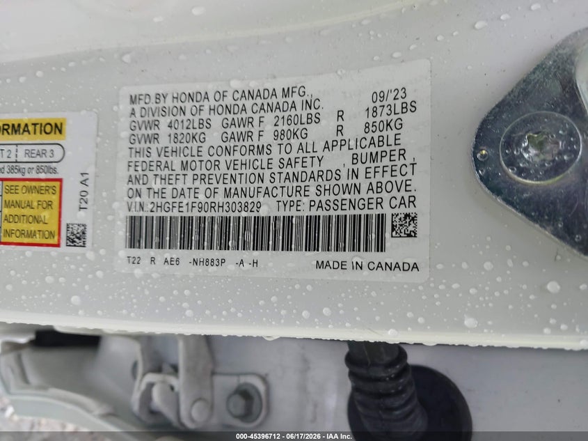 VIN 2HGFE1F90RH303829 2024 HONDA CIVIC TOURING