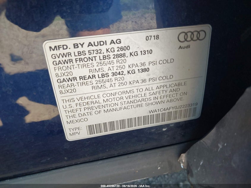 2018 Audi Sq5 3.0T Premium Plus VIN: WA1C4AFY0J2223319 Lot: 45396720