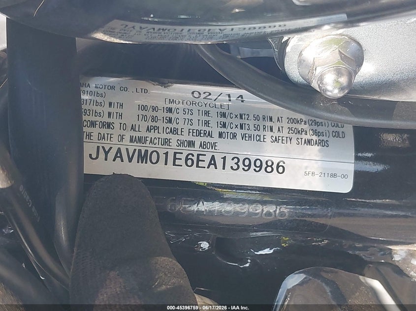 2014 Yamaha Xvs650 VIN: JYAVM01E6EA139986 Lot: 45396759