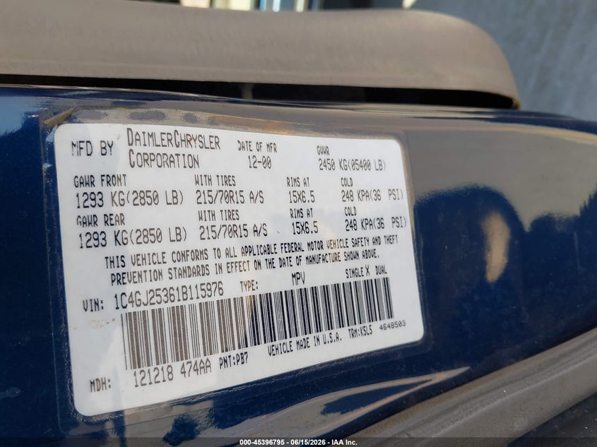 2001 Chrysler Voyager VIN: 1C4GJ25361B115976 Lot: 45396795