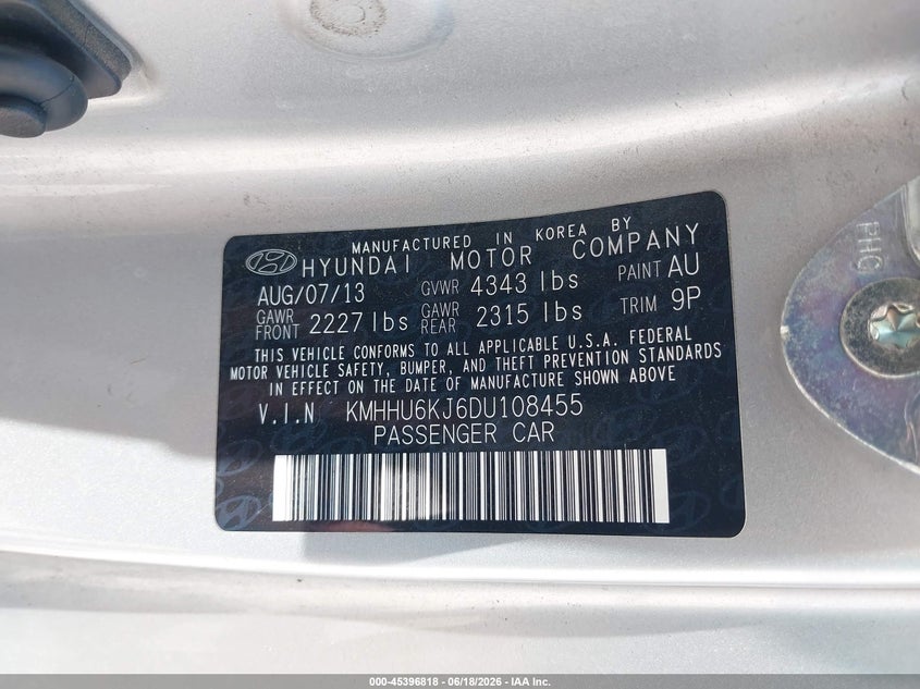 2013 Hyundai Genesis VIN: KMHHU6KJ6DU108455 Lot: 45396818