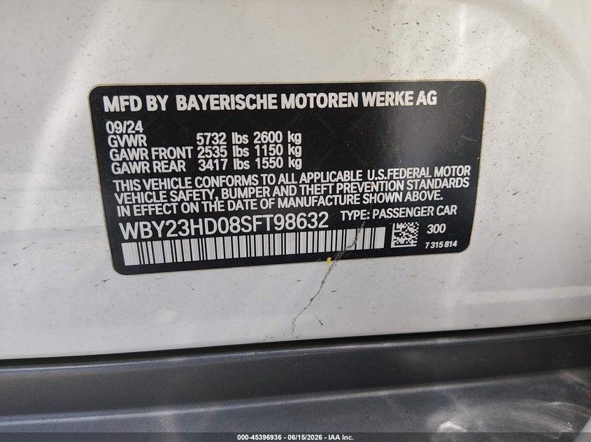 2025 BMW I4 Gran Coupe Edrive40 VIN: WBY23HD08SFT98632 Lot: 45396936