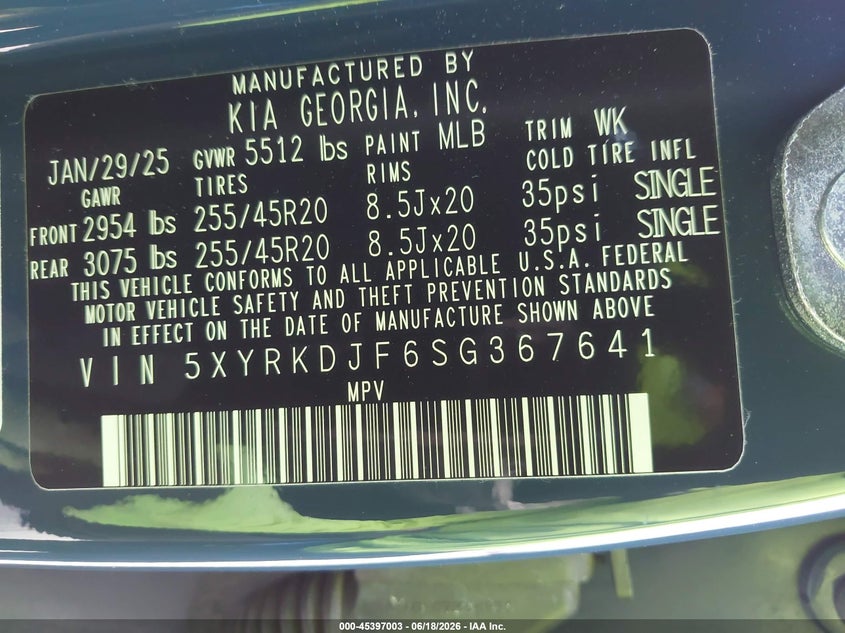 2025 Kia Sorento X-Line Sx Prestige VIN: 5XYRKDJF6SG367641 Lot: 45397003