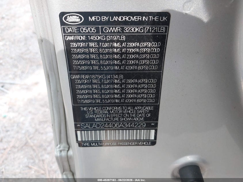 2006 Land Rover Lr3 V6 VIN: SALAD24406A344229 Lot: 45397163