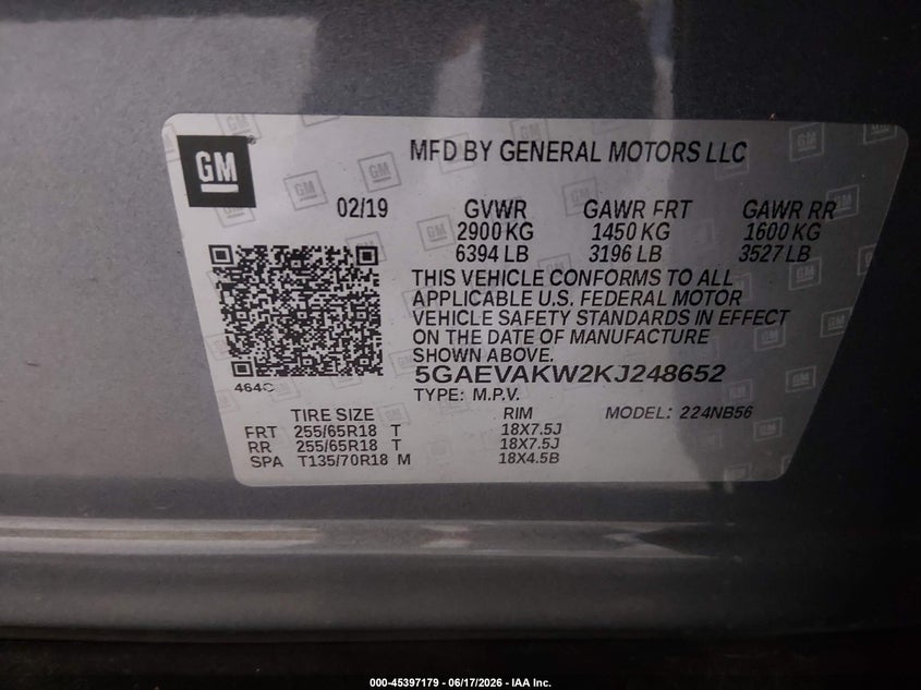 2019 Buick Enclave Awd Essence VIN: 5GAEVAKW2KJ248652 Lot: 45397179
