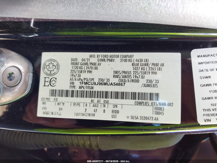 FORD ESCAPE 2021 VIN 1FMCU9J96MUA54867