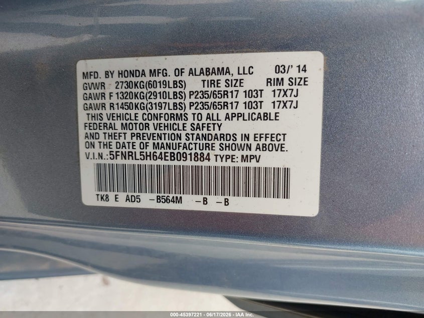 2014 HONDA ODYSSEY VAN 3.5L V-6 VVT, 248HP