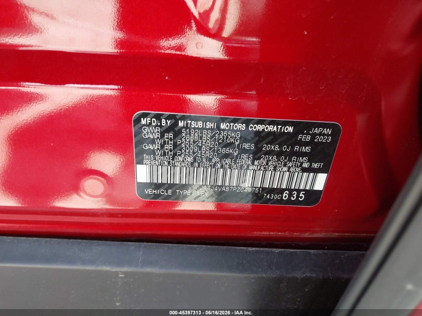 2023 Mitsubishi Outlander Sel Black Edition S-Awc VIN: JA4J4VA87PZ044751 Lot: 45397313