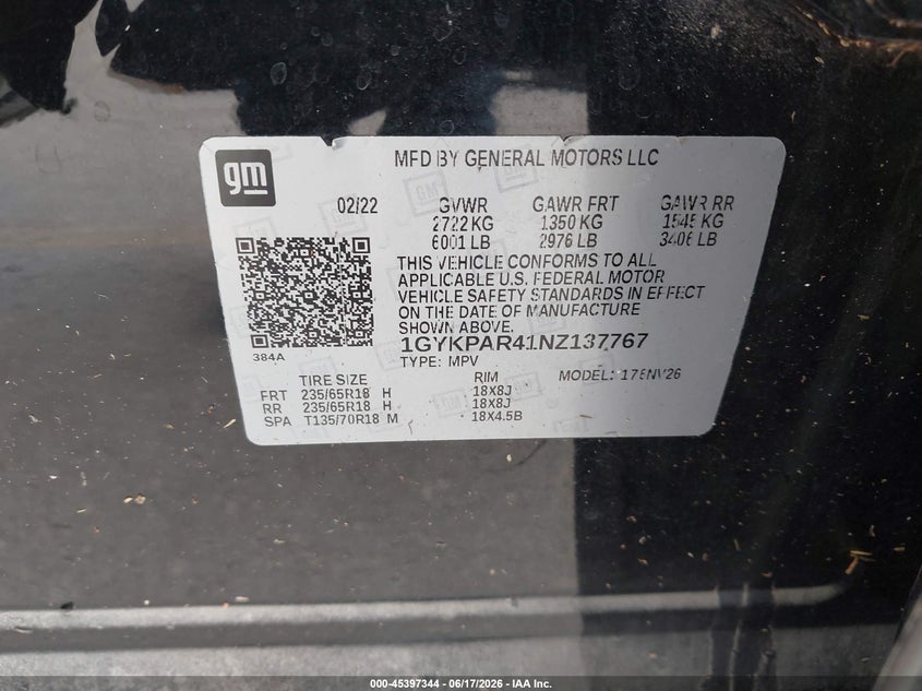 2022 Cadillac Xt6 Fwd Luxury VIN: 1GYKPAR41NZ137767 Lot: 45397344