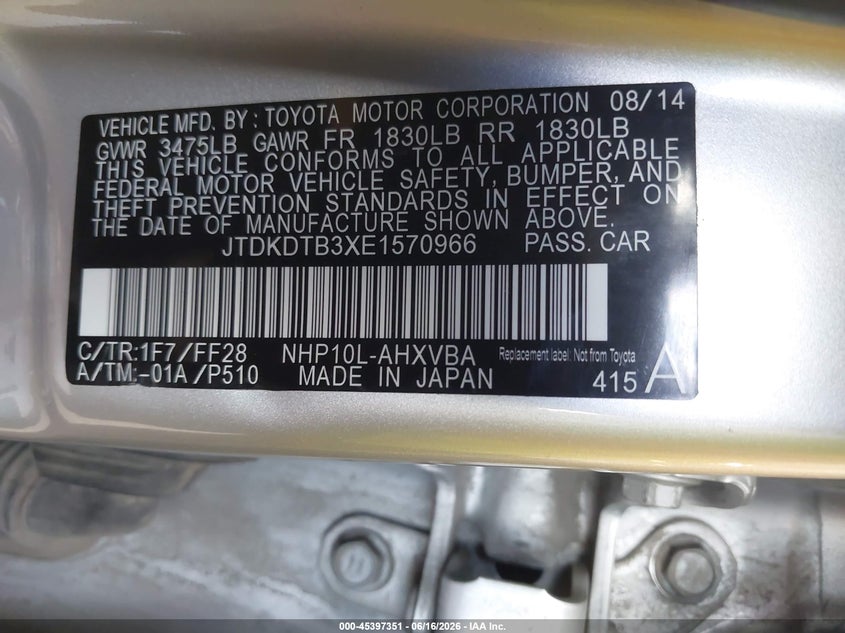 2014 Toyota Prius C Two VIN: JTDKDTB3XE1570966 Lot: 45397351