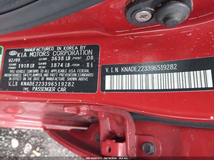 KIA RIO 2009 VIN KNADE223396519282