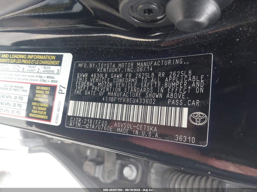 2014 TOYOTA CAMRY SEDAN 2.5L I-4 DOHC, VVT, 178HP