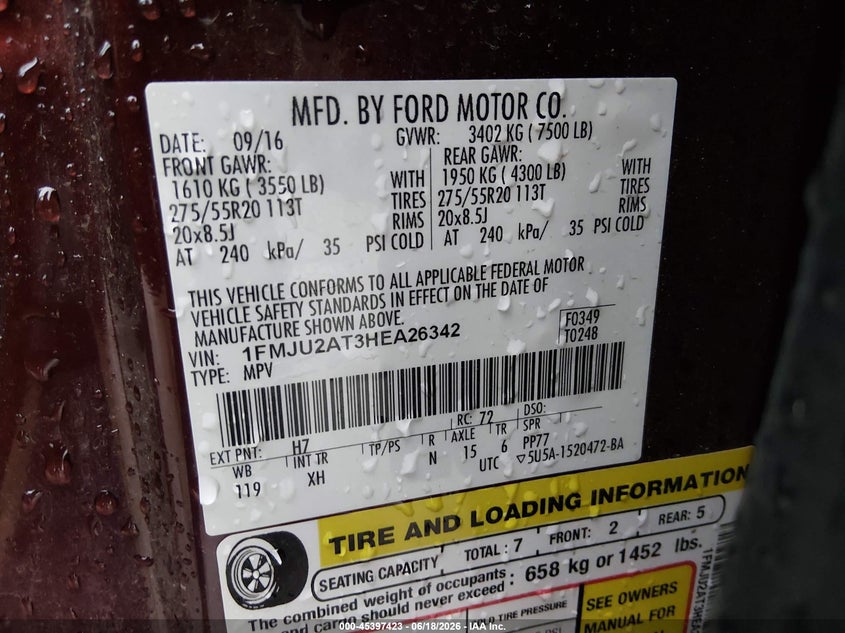 2017 Ford Expedition Limited VIN: 1FMJU2AT3HEA26342 Lot: 45397423