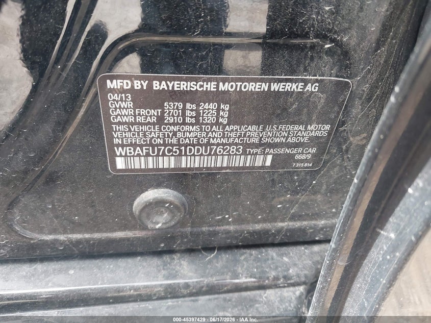2013 BMW 5ER SEDAN 3.0L I-6 DI, DOHC, VVT, TURBO, 300HP