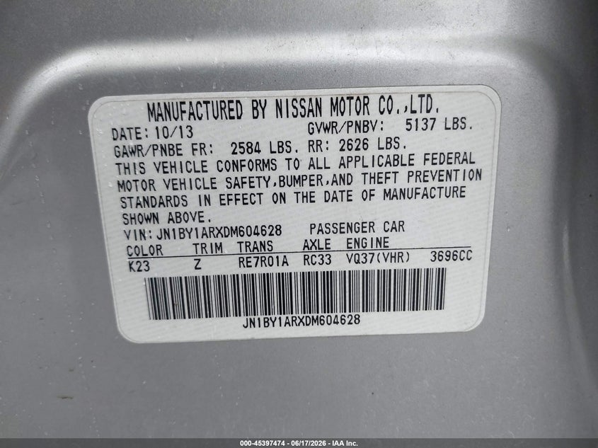 2013 Infiniti M37X VIN: JN1BY1ARXDM604628 Lot: 45397474