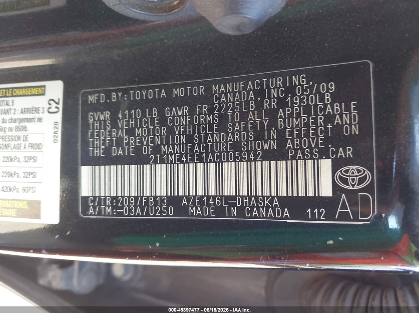 2010 Toyota Matrix Xrs VIN: 2T1ME4EE1AC005942 Lot: 45397477