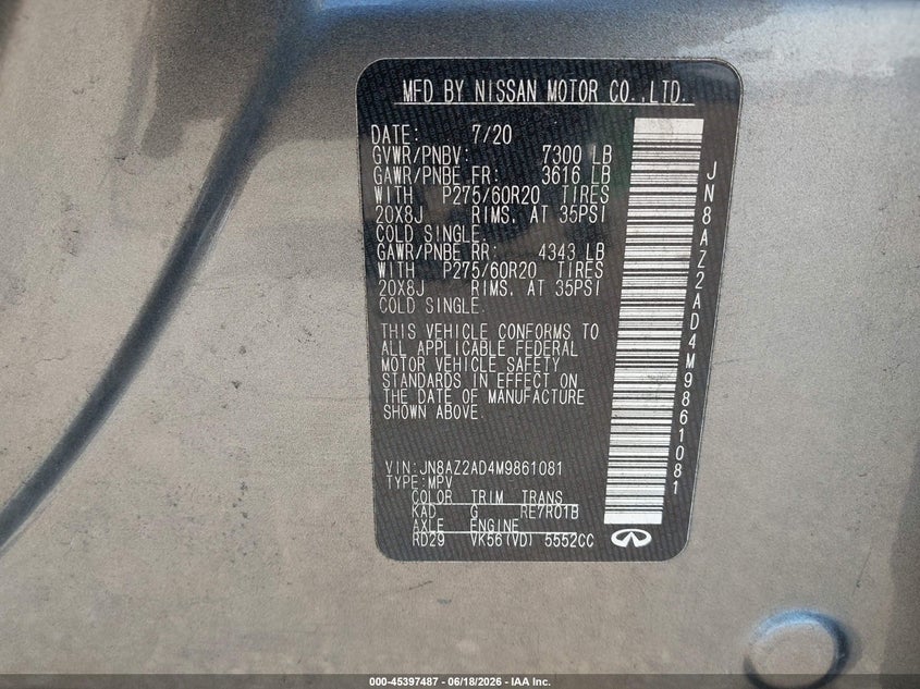 2021 Infiniti Qx80 Luxe VIN: JN8AZ2AD4M9861081 Lot: 45397487