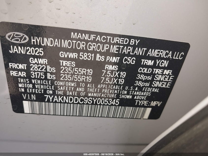 2025 Hyundai Ioniq 5 Sel VIN: 7YAKNDDC9SY005345 Lot: 45397508