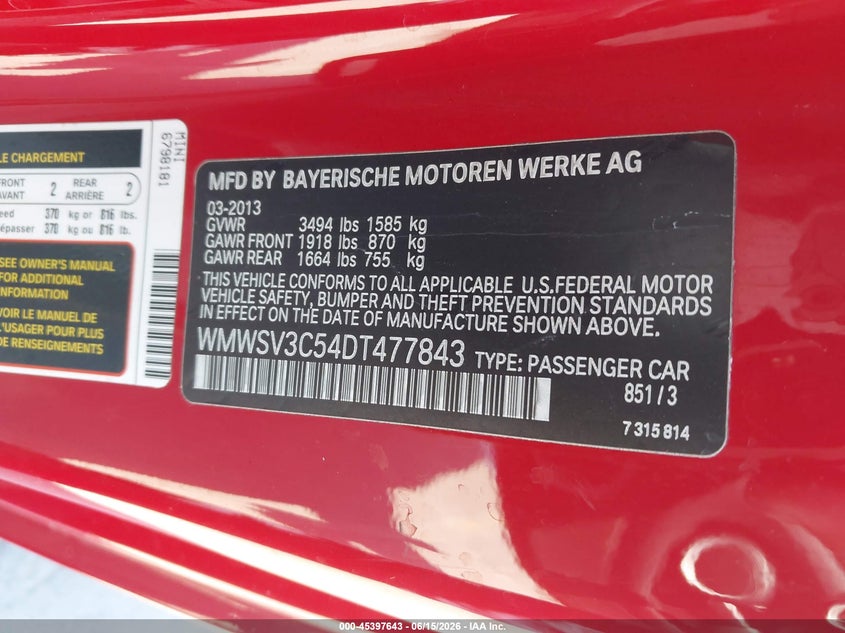 2013 Mini Hardtop Cooper S VIN: WMWSV3C54DT477843 Lot: 45397643