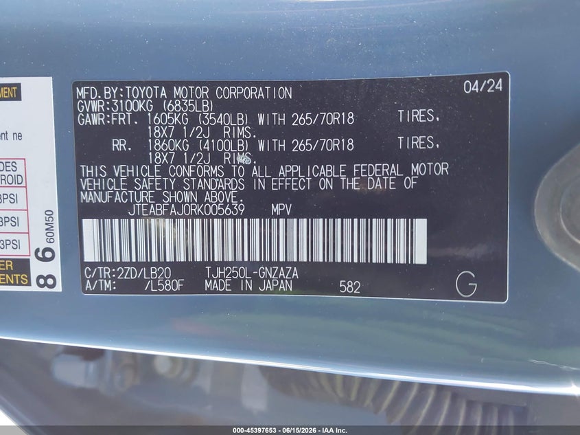 2024 Toyota Land Cruiser VIN: JTEABFAJ0RK005639 Lot: 45397653