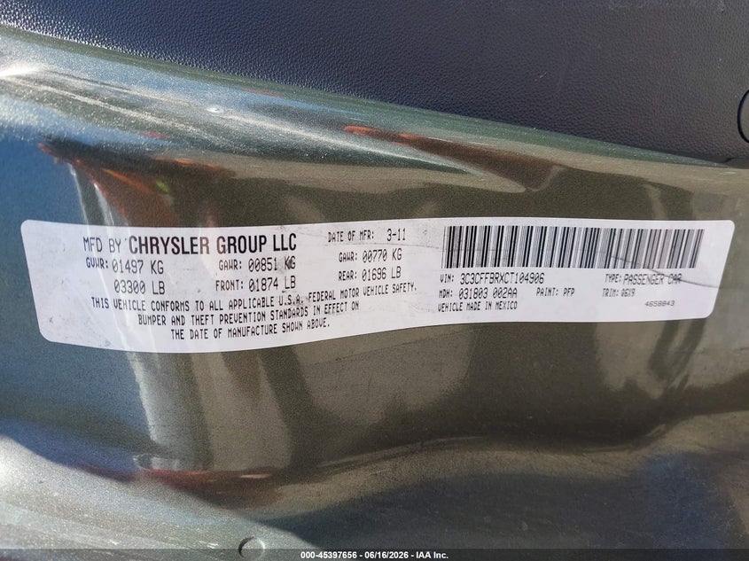 2012 Fiat 500 Sport VIN: 3C3CFFBRXCT104906 Lot: 45397656