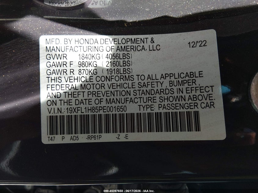 HONDA CIVIC 2023 VIN 19XFL1H85PE001650