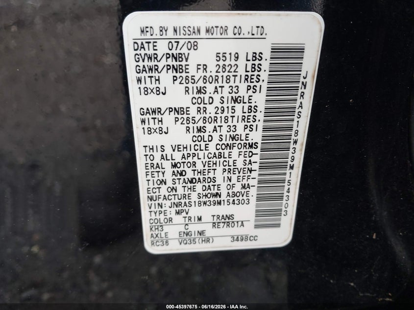 2009 Infiniti Fx35 VIN: JNRAS18W39M154303 Lot: 45397675
